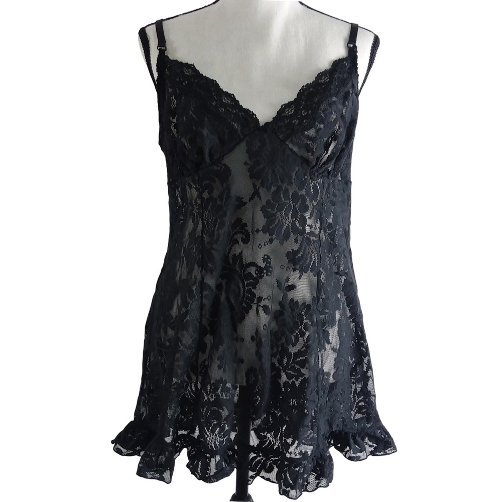 Vintage Victoria's Secret Black Lace Babydoll  Ruffle Lingerie Chemise Coquette‎